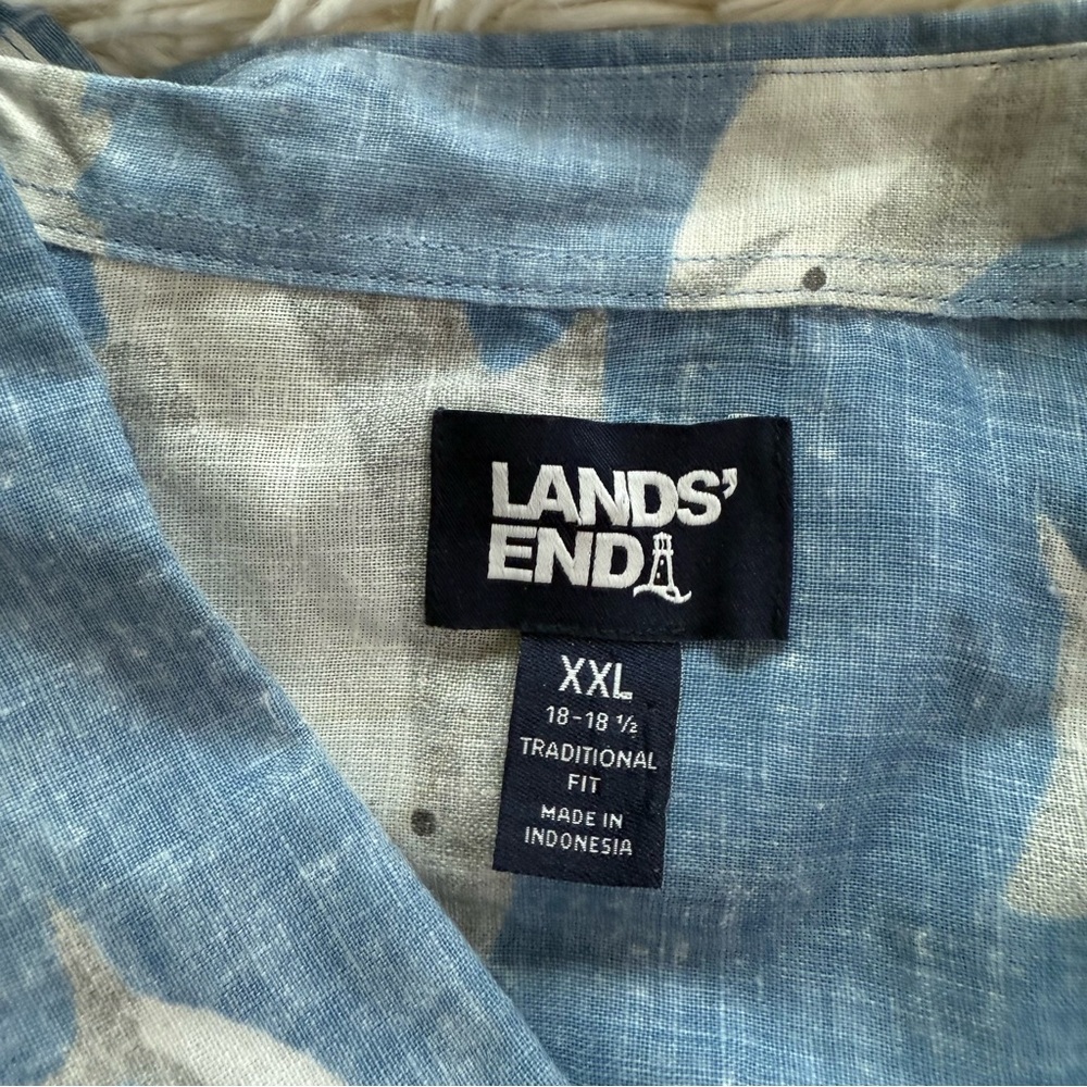Lands' End 100% Linen Blue Shark Novelty Print Casual Shirt Size XXL - Picture 4 of 7